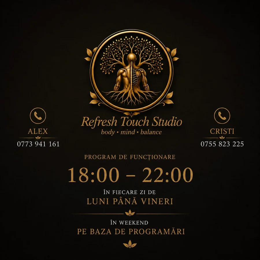 Afiș Refresh Touch Studio: program 18:00–22:00 de luni până vineri, în weekend pe bază de programări. Alex 0773 941 161, Cristi 0755 823 225.